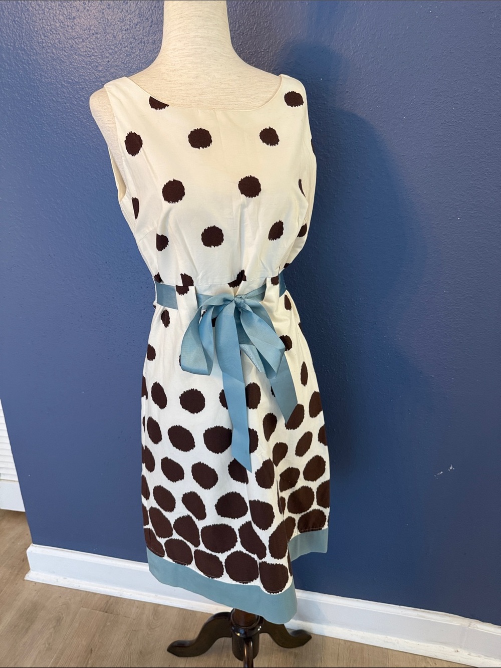 Jessica Howard White Midi Dress with Brown Polka Dots and Blue Waist Tie